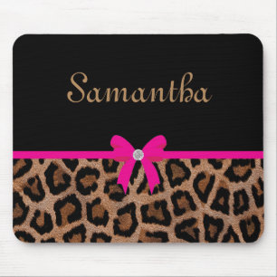 Trendy Hot Pink and Black Leopard Bow Mouse Pad