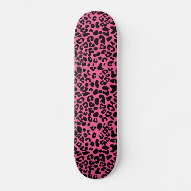 Trendy Hot Pink and Black Modern Leopard Print Skateboard (Front)