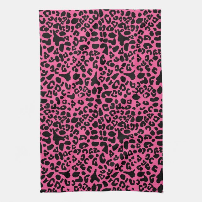 Trendy Hot Pink and Black Modern Leopard Print Tea Towel (Vertical)