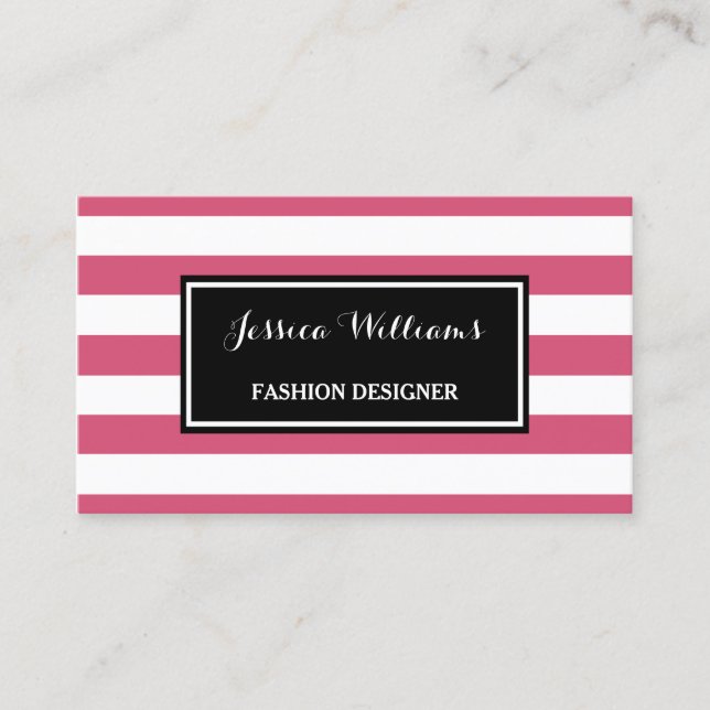 Trendy Hot Pink and Black Stripes Fashion Designer Business Card (Front)