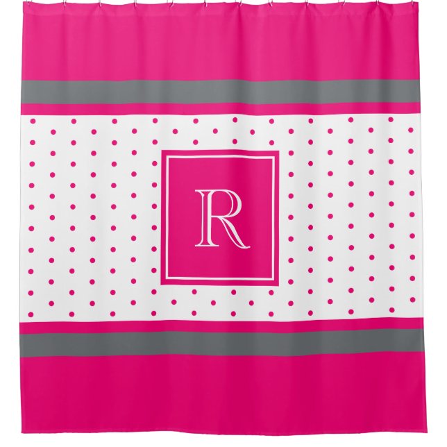 Trendy Hot Pink and Silver Striped Monogrammed Shower Curtain (Front)