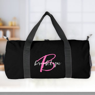 Trendy Hot Pink Black White Script Monogram  Duffle Bag