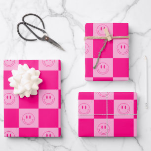 Trendy Hot Pink Chequered & Groovy Happy Smile Wrapping Paper Sheet