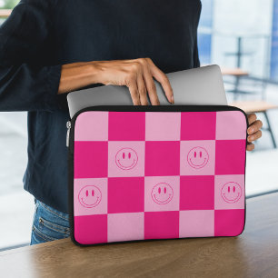 Trendy Hot Pink Chequered & Happy Smile Face Laptop Sleeve