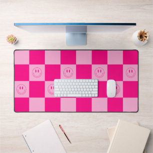Trendy Hot Pink Chequered & Retro Happy Smile Desk Mat