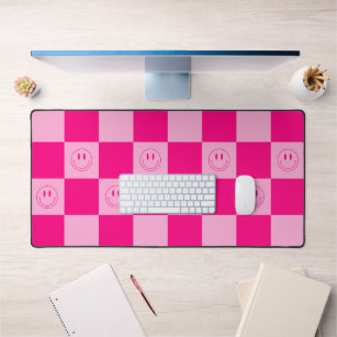 Trendy Hot Pink Chequered & Retro Happy Smile Desk Mat