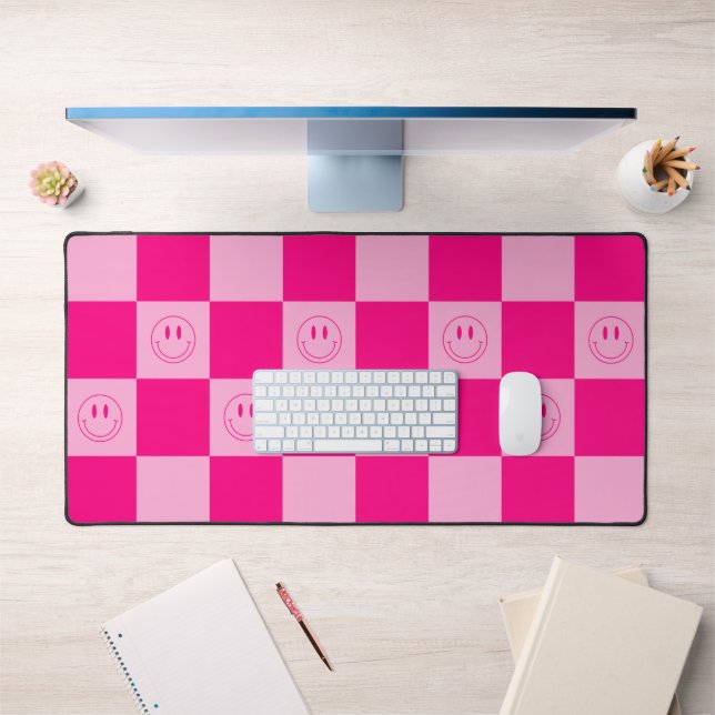 Trendy Hot Pink Chequered & Retro Happy Smile Desk Mat (Office 1)