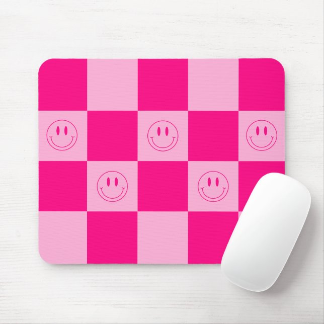 Trendy Hot Pink Chequered & Smiling Face Mouse Pad (With Mouse)