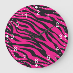 Trendy Hot Pink Fuchsia Black Zebra Stripes Print Large Clock