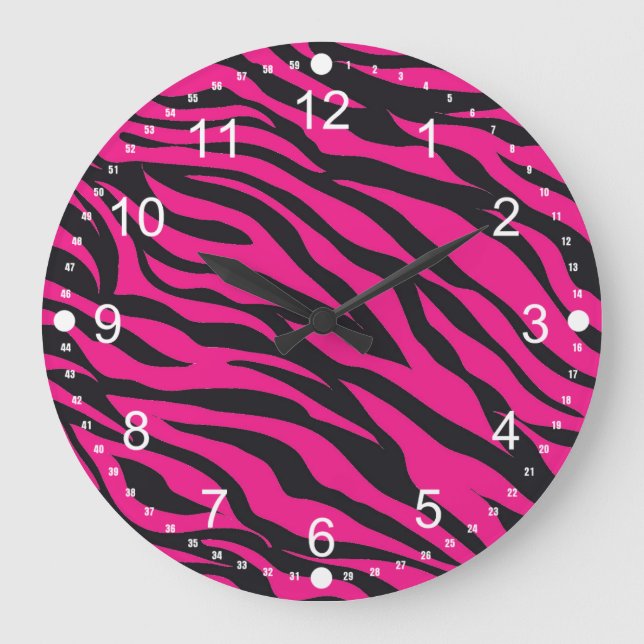 Trendy Hot Pink Fuchsia Black Zebra Stripes Print Large Clock (Front)