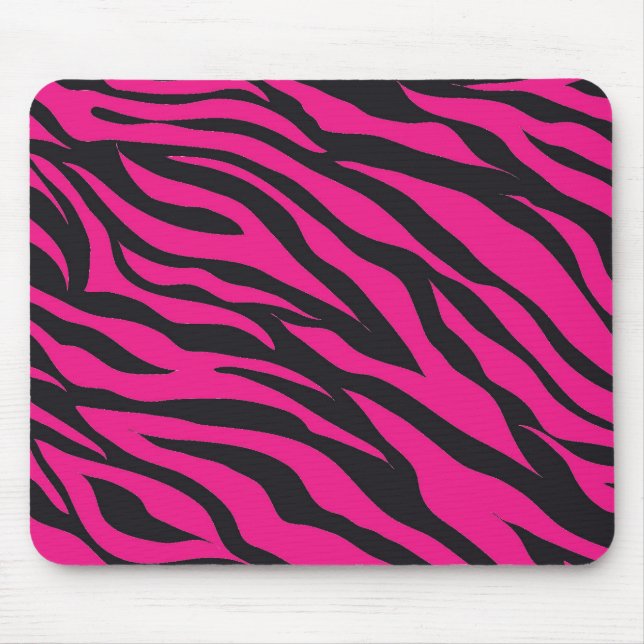 Trendy Hot Pink Fuchsia Black Zebra Stripes Print Mouse Pad (Front)