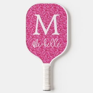 Trendy Hot Pink Glitter Monogram Initial Name  Pickleball Paddle