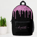 Trendy Hot Pink Glitter Personalised Printed Backpack<br><div class="desc">Personalised chic,  elegant and girly black backpack with hot pink faux glitter drips. Personalise with your name in a stylish trendy light pink script with swashes. You can adjust the size of the script font in the design tool for shorter or longer names.</div>