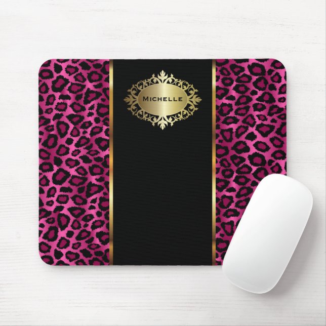 Trendy Hot Pink Leopard Animal with Gold Accents Mouse Pad (With Mouse)