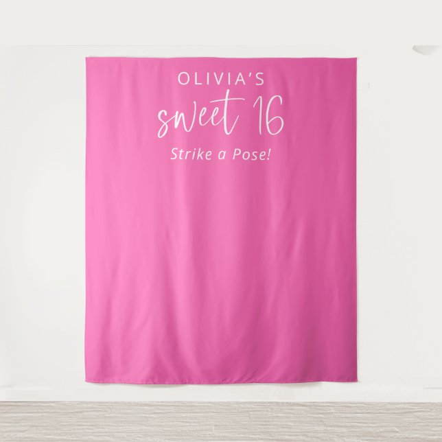 Trendy Hot Pink Name Sweet 16 Party Backdrop Tapestry (Front)