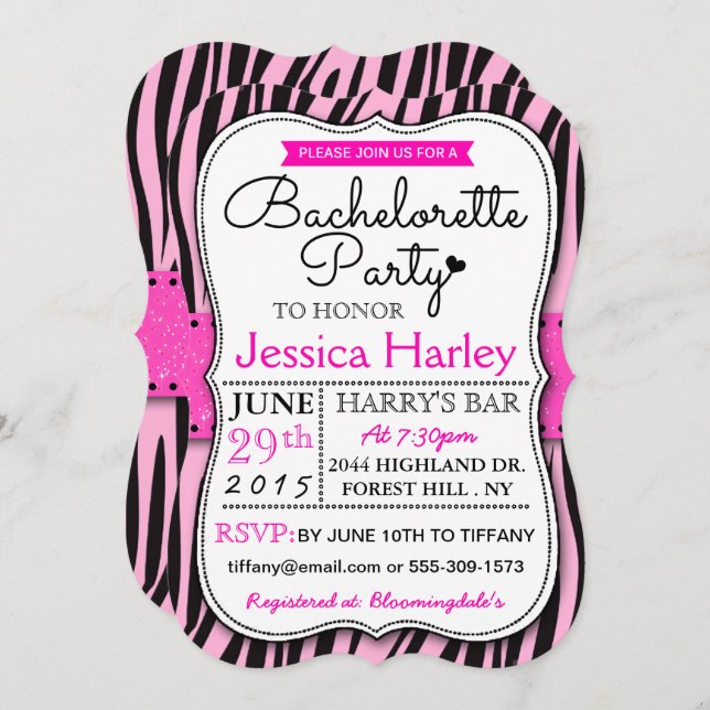 Trendy Hot Pink Zabra Print Bachelorette Party Invitation (Front/Back)