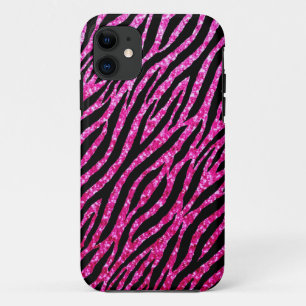 Trendy Hot Pink Zebra Print Glitz Glitter Sparkles iPhone 11 Case