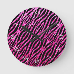 Trendy Hot Pink Zebra Print Glitz Glitter Sparkles Round Clock