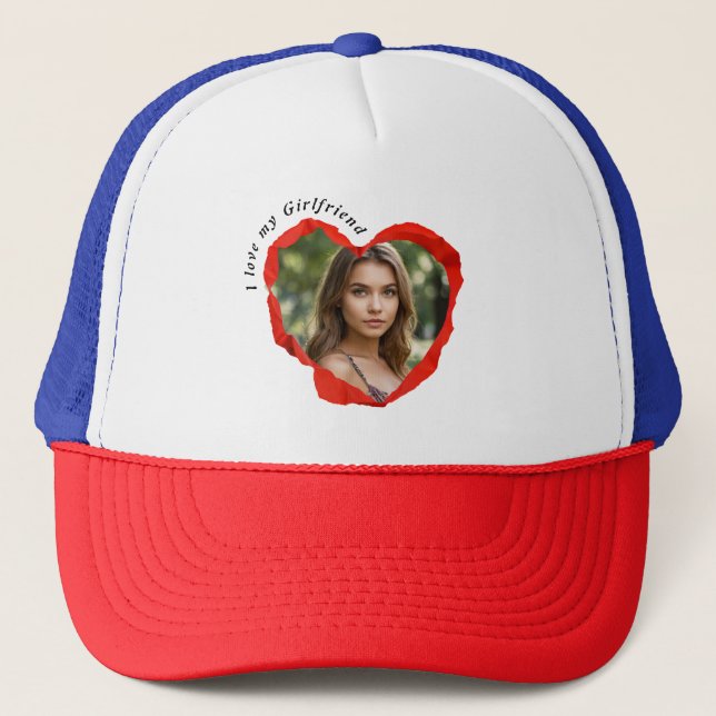 Trendy I Love My Girlfriend Red Heart Custom Photo Trucker Hat (Front)