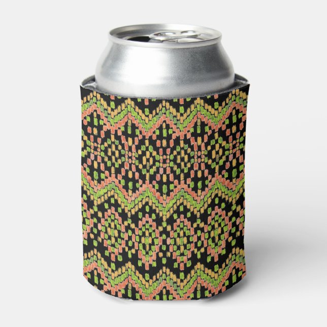 Trendy Ikat Colourful Ethnic Pattern on Black Can Cooler (Can Front)