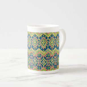 Trendy Ikat Colourful Ethnic Pattern on Blue Bone China Mug