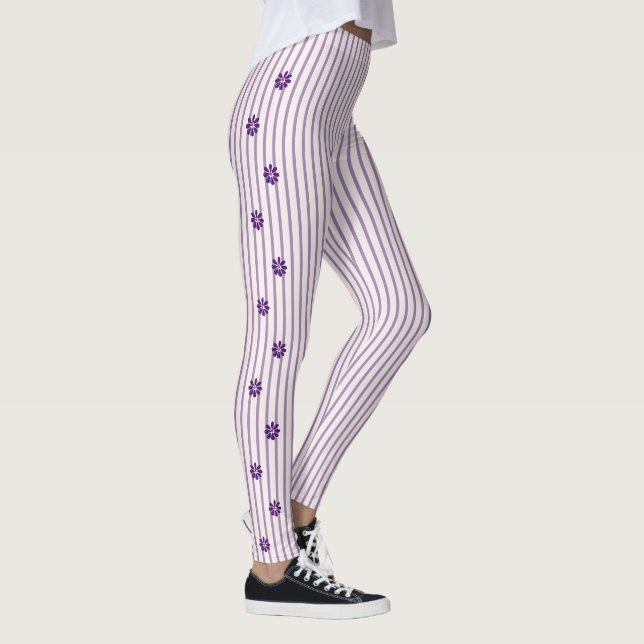 Trendy Indigo Flowers with Blush an Violet Stripes Leggings (Right)