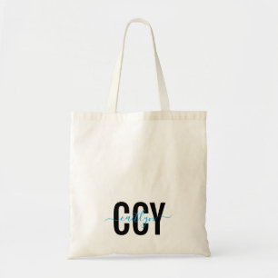 Trendy Initial Monogram with Script Name, Blue Tote Bag