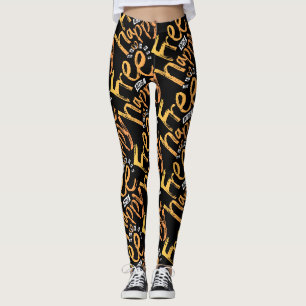 Trendy Inspirational Black Yellow Brushed Script Leggings