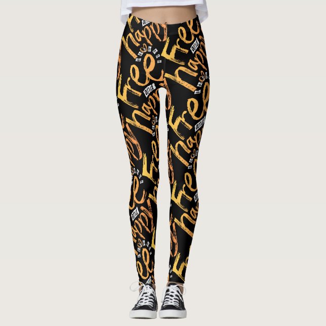 Trendy Inspirational Black Yellow Brushed Script Leggings (Front)