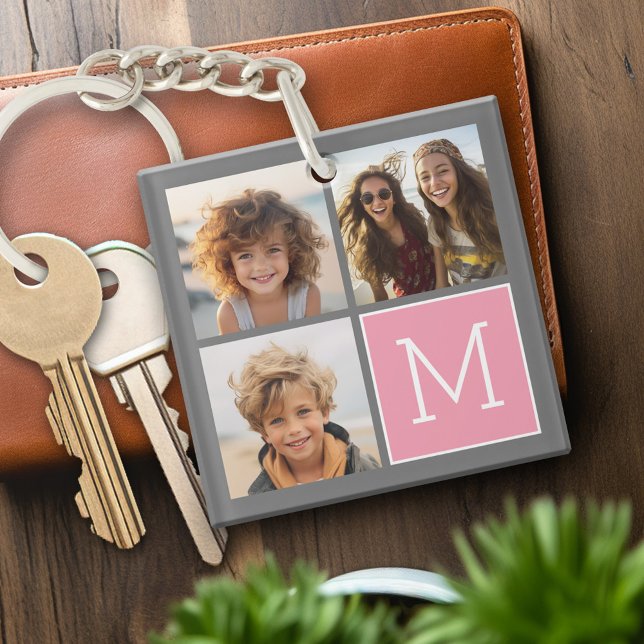 Trendy Instagram Photo Collage Custom Monogram Key Ring (Personalized keychain with a photo collage and monogram)