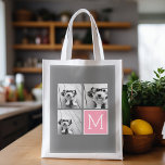 Trendy Instagram Photo Collage Custom Monogram Reusable Grocery Bag<br><div class="desc">Modern Pastel Pink and Grey - Use 3 square photos to create a unique and personal gift. Or you can keep the hipster puppy and make a trendy keepsake. If you need to adjust the pictures,  click on the customise tool to make changes.</div>