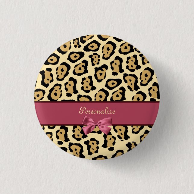 Trendy Jaguar Print With Pink Ribbon Bow and Name 3 Cm Round Badge (Front)