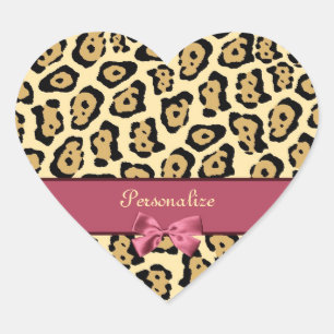 Trendy Jaguar Print With Pink Ribbon Bow and Name Heart Sticker