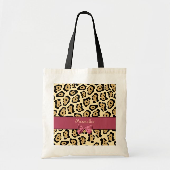 Trendy Jaguar Print With Pink Ribbon Bow and Name Tote Bag (Front)