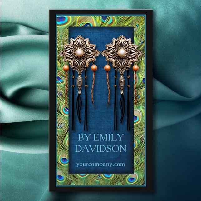 Trendy Jewel Earring Display Peacock Feathers Blue Business Card (Perfect for business)