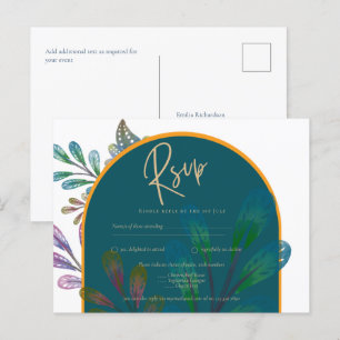 Trendy Jewel Tones Teal Maroon Gold Wedding RSVP Postcard