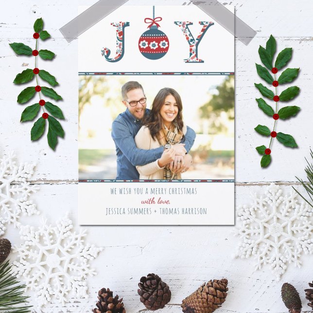 Trendy "Joy" Boho Bauble Photo Christmas Card (Creator Uploaded)