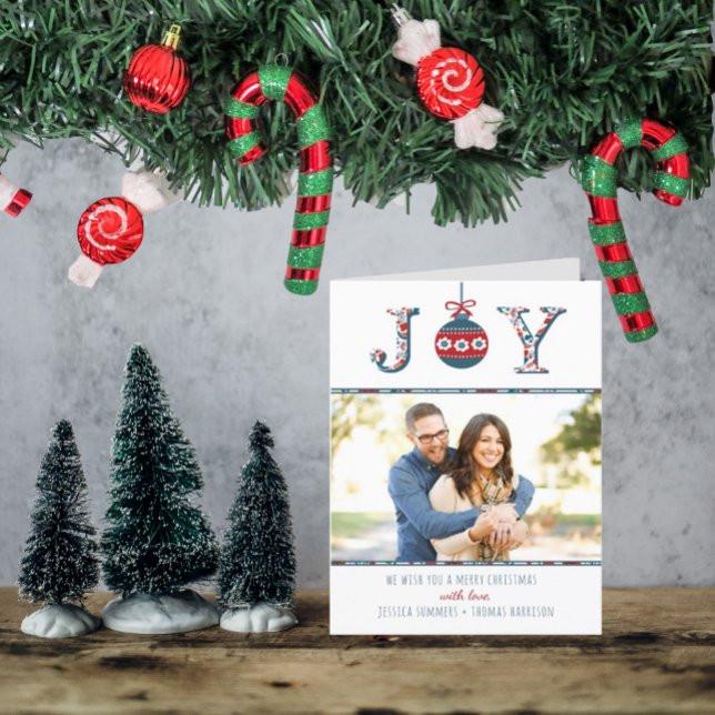 Trendy "Joy" Boho Bauble Photo Christmas Holiday Card (Creator Uploaded)