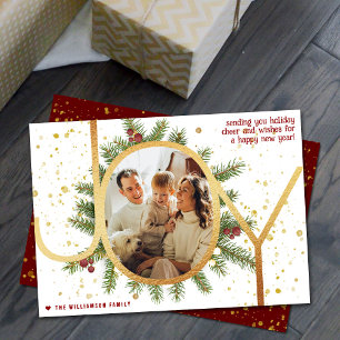 Trendy Joy Pine Boughs Wreath Christmas Photo Holiday Card