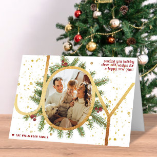 Trendy Joy Pine Boughs Wreath Christmas Photo Holiday Card
