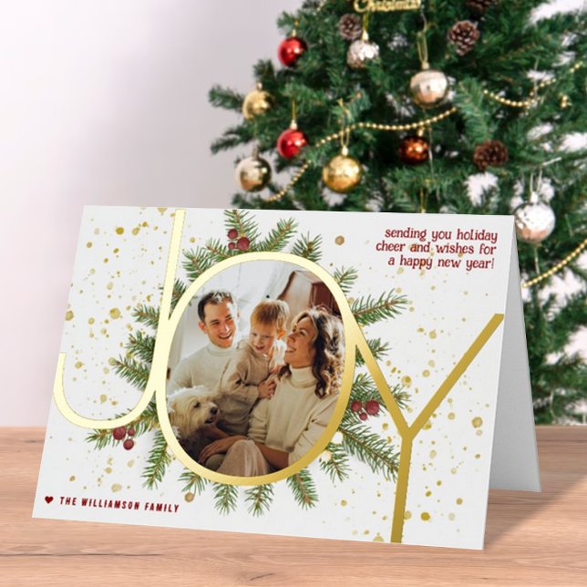 Trendy Joy Pine Boughs Wreath Christmas Photo Real Foil Greeting Card (Creator Uploaded)