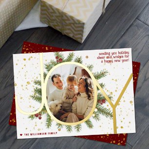 Trendy Joy Pine Boughs Wreath Christmas Photo Real Foil Holiday Card