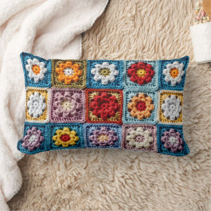 Trendy Knit Granny Square Colourful Floral Pattern Lumbar Cushion