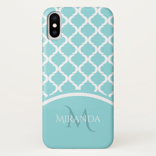 Trendy Large Aqua Quatrefoil Monongram and Name Case-Mate iPhone Case (Back)