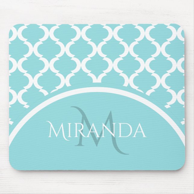 Trendy Large Aqua Quatrefoil Monongram and Name Mouse Pad (Front)