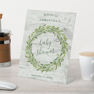 Trendy Laurel Wreath Greenery Baby Shower Welcome Pedestal Sign