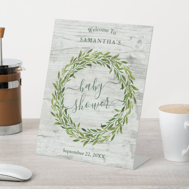 Trendy Laurel Wreath Greenery Baby Shower Welcome Pedestal Sign (In SItu)