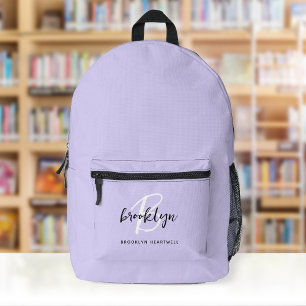 Trendy Lavender Black White Monogram Name Printed Backpack