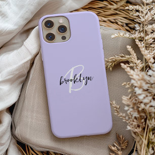 Trendy Lavender Black White Script Monogram iPhone 15 Case