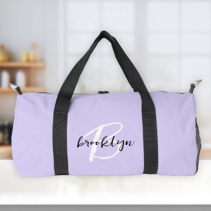 Trendy Lavender Black White Script Monogram Duffle Bag